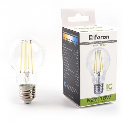 Лампа светодиодная филаментная Feron E27 15W 4000K прозрачная LB-615 38242 цвет прозрачный