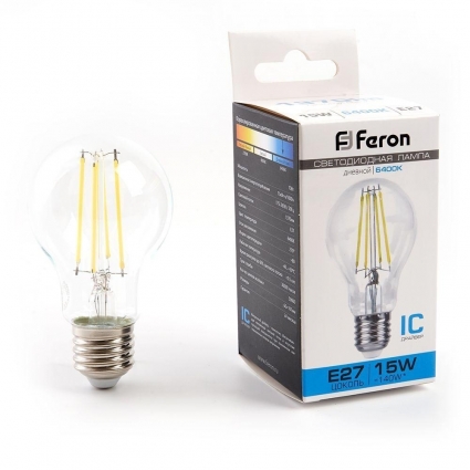 Лампа светодиодная филаментная Feron E27 15W 6400K прозрачная LB-615 48284 цвет прозрачный