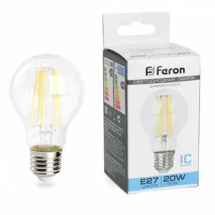 Лампа светодиодная филаментная Feron E27 20W 6400K прозрачная LB-620 38246 цвет прозрачный