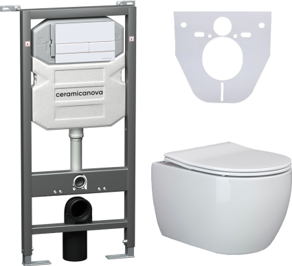 Комплект Унитаз подвесной Ceramica Nova Play CN3001 безободковый, с микролифтом + Система инсталляции для унитазов Envision CN1002W с кнопкой смыва и шумоизоляционной панелью