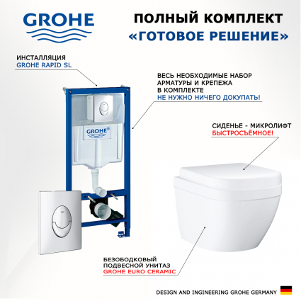 Комплект 3 в 1 инсталляция Grohe Rapid SL + Унитаз подвесной Grohe Euro Ceramic 39206000 + кнопка хром