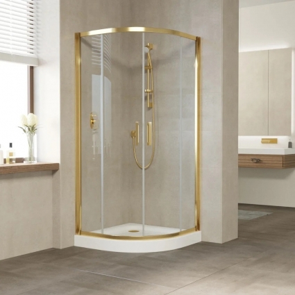 Душевой уголок Vegas Glass ZS Tur Novo 110 09 01 профиль золото, стекло прозрачное, четверть круга, двери раздвижные