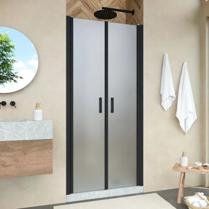 Душевая дверь в нишу Vegas Glass E2P Novo 100 02М 10 профиль черный матовый, стекло сатин, распашная
