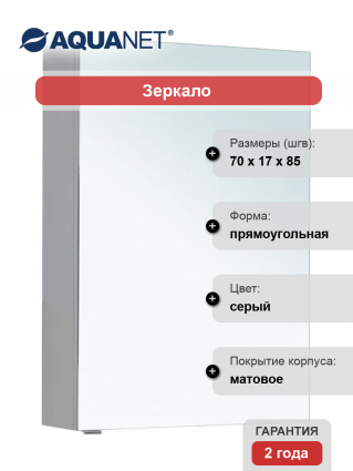 Зеркало-шкаф Aquanet Алвита 70 серое ручки хром,  в современном стиле