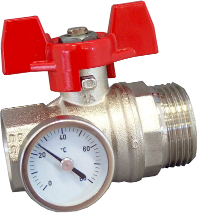 Шаровый кран Oventrop 3/4" ВР x 1" НР, 1406483 красный маховик с термометром