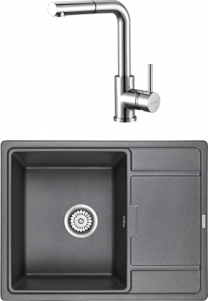 Комплект  Мойка кухонная Paulmark Weimar PM216550-DG графит + Смеситель для кухни Paulmark Kassel Ka214311-CR хром матовая, прямоугольная