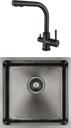 Комплект  Мойка кухонная Paulmark Lassan PM304444-GM вороненая сталь + Смеситель для кухни Paulmark Essen 213011-GM вороненая сталь брашированная, квадратная