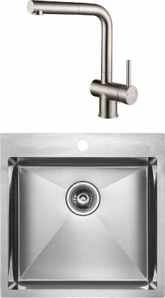 Комплект  Мойка кухонная Paulmark Kroner PM215151-BS брашированная нержавеющая сталь + Смеситель для кухни Paulmark Dosse Do214418-SS квадратная,  в современном стиле