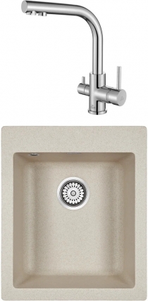 Комплект  Мойка кухонная Paulmark Leer PM104249-BE бежевый + Смеситель для кухни Paulmark Essen 213011-СR хром матовая, прямоугольная