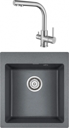 Комплект  Мойка кухонная Paulmark Zemar PM104651-DG графит + Смеситель для кухни Paulmark Essen 213011-СR хром матовая, прямоугольная