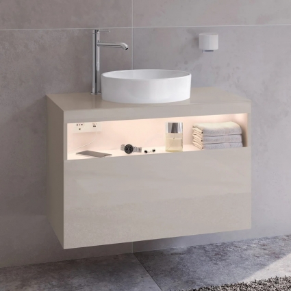 Тумба с раковиной Keuco Stageline 32864 80 см, с подсветкой, розеткой и точкой зарядки USB и USB-C, кашемир, подвесная, матовая