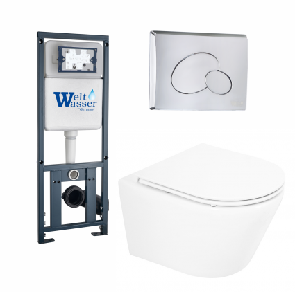 Комплект 3 в 1 инсталляция WeltWasser Marberg 410 + Подвесной унитаз BelBagno Tre BB8001CHR/SC  + кнопка хром RD