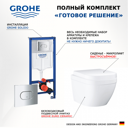 Комплект 3 в 1 инсталляция Grohe Solido 38981000 + Унитаз подвесной Grohe Euro Ceramic 39206000 + кнопка хром