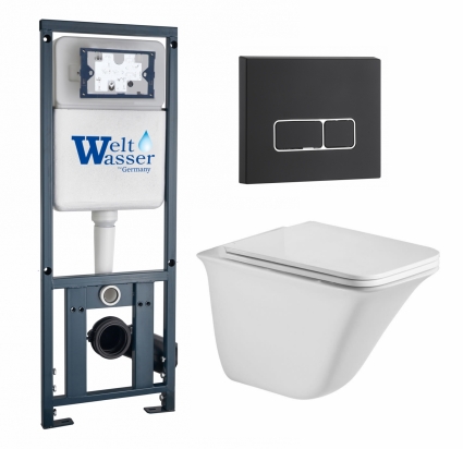 Комплект 3 в 1 инсталляция WeltWasser WW Marberg 410 10000005948 + Подвесной унитаз WeltWasser Rotbach 004 GL-WT + кнопка черная матовая SE