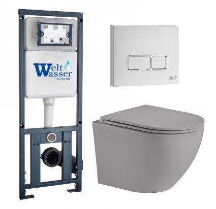 Комплект 3 в 1 инсталляция WeltWasser WW Marberg 410 10000005948 + Унитаз подвесной Weltwasser WW Merzbach 043 MT-GR + кнопка белая глянцевая SE