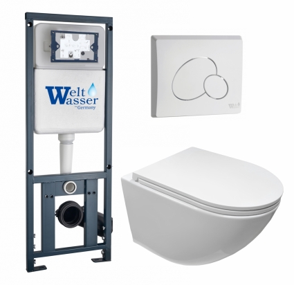 Комплект 3 в 1 инсталляция WeltWasser WW Marberg 410 10000005948 + Подвесной безободковый унитаз CeruttiSpa Sella aria CT7183 + кнопка белая глянцевая RD