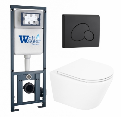 Комплект 3 в 1 инсталляция WeltWasser WW Marberg 410 10000005948 + Унитаз подвесной BelBagno Tre BB8001CHR/SC + кнопка черная матовая RD