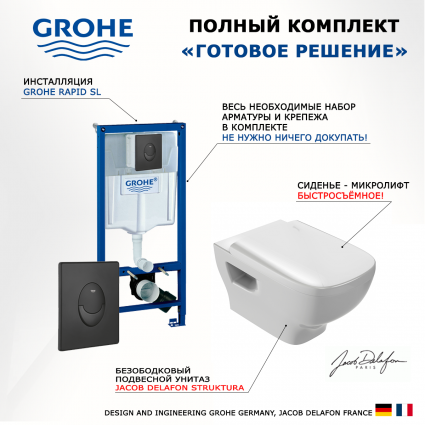 Комплект 3 в 1 инсталляция Grohe Rapid SL 38721BL1 + Унитаз подвесной Jacob Delafon Struktura EDE102-00 + кнопка черная матовая Skate