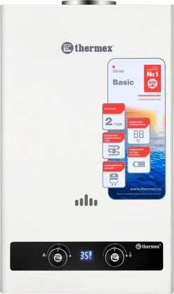 Проточный водонагреватель Thermex Basic B 20 D газовый медный теплообменник, белый, с индикатором нагрева, с дисплеем