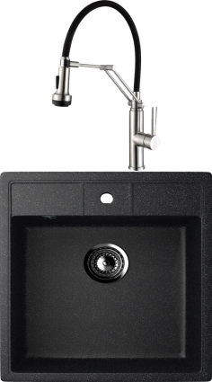 Комплект Мойка кухонная Ulgran U-406-308 черная + Смеситель для кухни Domaci Равенна ECB 7012 сатин, с гибким изливом, матовая, прямоугольная