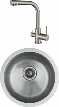 Комплект  Мойка кухонная Paulmark Werra PM404646-BS брашированная нержавеющая сталь + Смеситель для кухни Paulmark Essen Es213011-NI никель круглая,  в современном стиле