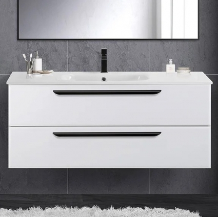 Тумба с раковиной Cezares Eco Cer 120, bianco lucido, ручки черные, подвесная, глянцевая