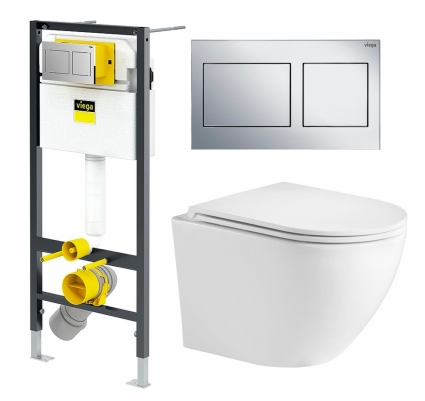Комплект 3 в 1 инсталляция Viega Prevista Dry 8524.14 792596 + Подвесной унитаз WeltWasser Merzbach 043 GL-WT + кнопка хром