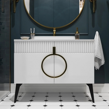 Тумба с раковиной STWORKI Valisso 105 white, золотые ручки, подвесная, глянцевая