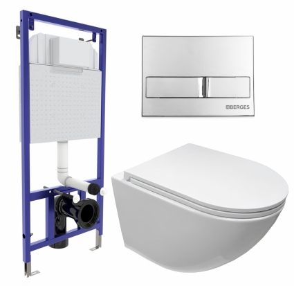 Комплект 3 в 1 инсталляция Berges Wasserhaus Novum L3 + Подвесной безободковый унитаз CeruttiSpa Sella aria CT7183 + кнопка хром