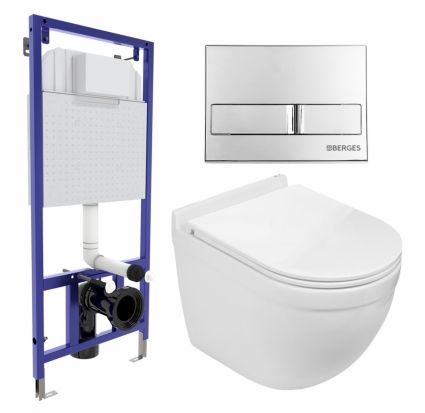 Комплект 3 в 1 инсталляция Berges Wasserhaus Novum L3 + Подвесной унитаз WeltWasser Heimbach 043 GL-WT + кнопка хром