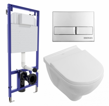 Комплект 3 в 1 инсталляция Berges Wasserhaus Novum L3 + Унитаз подвесной Villeroy & Boch O Novo Directflush + кнопка хром