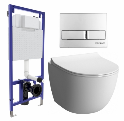 Комплект 3 в 1 инсталляция Berges Wasserhaus Novum L3 + Унитаз подвесной VitrA Sento 7748В003-0075 + кнопка хром