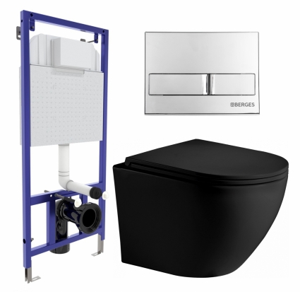 Комплект 3 в 1 инсталляция Berges Wasserhaus Novum L3 + Унитаз подвесной Weltwasser WW Merzbach 043 MT-BL + кнопка хром