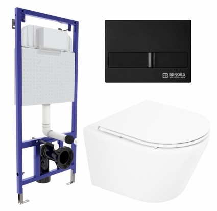 Комплект 3 в 1 инсталляция Berges Wasserhaus Novum L5 + Унитаз подвесной BelBagno Tre BB8001CHR/SC + кнопка черная