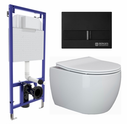 Комплект 3 в 1 инсталляция Berges Wasserhaus Novum L5 + Унитаз подвесной Ceramica Nova Play CN3001 + кнопка черная