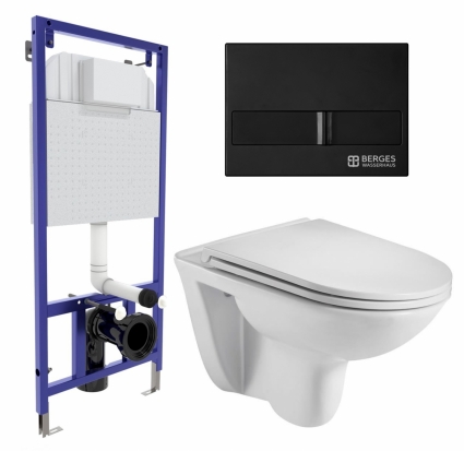 Комплект 3 в 1 инсталляция Berges Wasserhaus Novum L5 + Подвесной унитаз WeltWasser Baarbach 004 GL-WT + кнопка черная