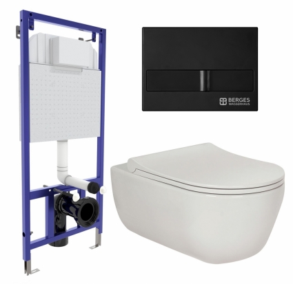 Комплект 3 в 1 инсталляция Berges Wasserhaus Novum L5 + Унитаз подвесной Berges Wasserhaus Ego XL 082118 + кнопка черная