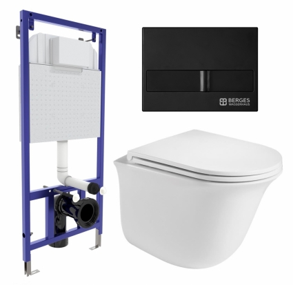 Комплект 3 в 1 инсталляция Berges Wasserhaus Novum L5 + Подвесной унитаз WeltWasser Telbach 004 GL-WT + кнопка черная