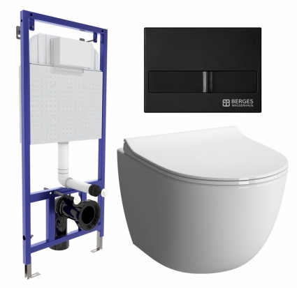 Комплект 3 в 1 инсталляция Berges Wasserhaus Novum L5 + Унитаз подвесной VitrA Sento 7748В003-0075 + кнопка черная