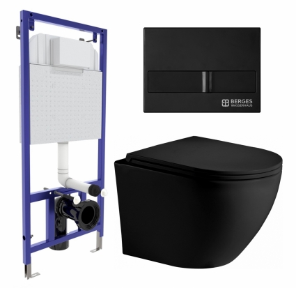 Комплект 3 в 1 инсталляция Berges Wasserhaus Novum L5 + Унитаз подвесной Weltwasser WW Merzbach 043 MT-BL + кнопка черная
