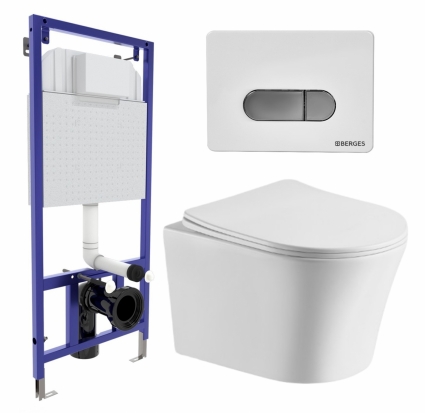 Комплект 3 в 1 инсталляция Berges Wasserhaus Novum D7 + Подвесной унитаз CeruttiSpa Adige Aria CT7837 + кнопка хром