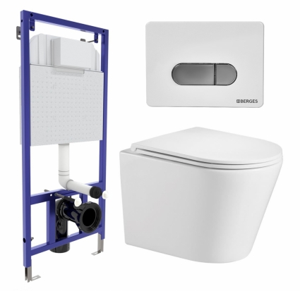 Комплект 3 в 1 инсталляция Berges Wasserhaus Novum D7 + Подвесной унитаз WeltWasser Salzbach 043 GL-WT + кнопка хром