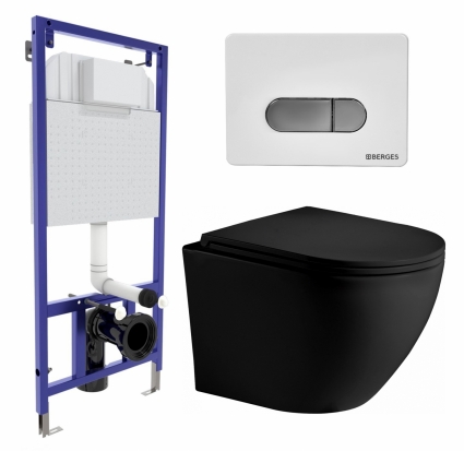 Комплект 3 в 1 инсталляция Berges Wasserhaus Novum D7 + Унитаз подвесной Weltwasser WW Merzbach 043 MT-BL + кнопка хром