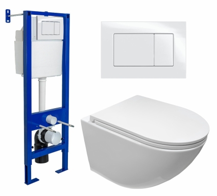 Комплект 3 в 1 инсталляция Berges Wasserhaus Atom 410 + Подвесной безободковый унитаз CeruttiSpa Sella aria CT7183 + кнопка белая