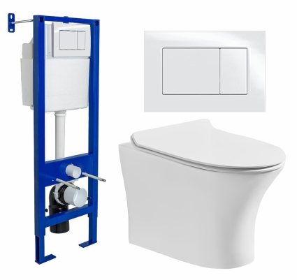 Комплект 3 в 1 инсталляция Berges Wasserhaus Atom 410 + Подвесной безободковый унитаз CeruttiSpa Bernina aria CT7191 + кнопка белая