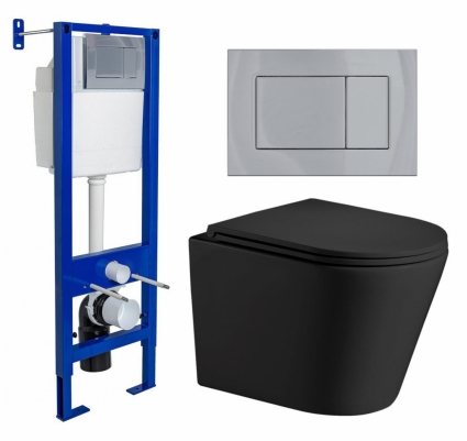 Комплект 3 в 1 инсталляция Berges Wasserhaus Atom 410 + Подвесной унитаз WeltWasser Salzbach 043 MT-BL + кнопка хром