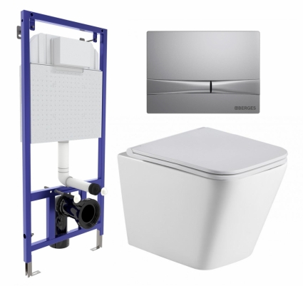 Комплект 3 в 1 инсталляция Berges Wasserhaus Novum 040252 + Подвесной унитаз WeltWasser Gelbach 043 GL-WT + кнопка хром матовая