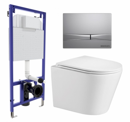 Комплект 3 в 1 инсталляция Berges Wasserhaus Novum 040252 + Подвесной унитаз WeltWasser Salzbach 043 GL-WT + кнопка хром матовая