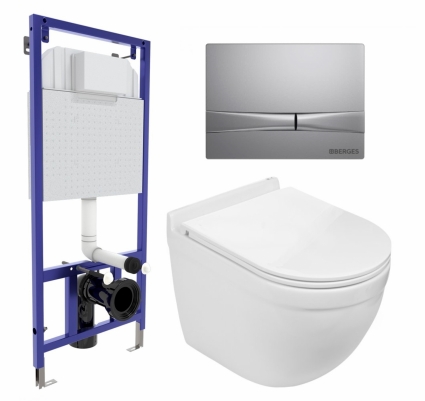 Комплект 3 в 1 инсталляция Berges Wasserhaus Novum 040252 + Подвесной унитаз WeltWasser Heimbach 043 GL-WT + кнопка хром матовая