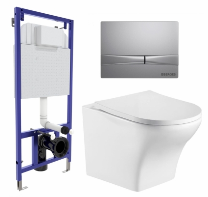 Комплект 3 в 1 инсталляция Berges Wasserhaus Novum 040252 + Подвесной унитаз WeltWasser Odenbach 004 GL-WT+ кнопка хром матовая